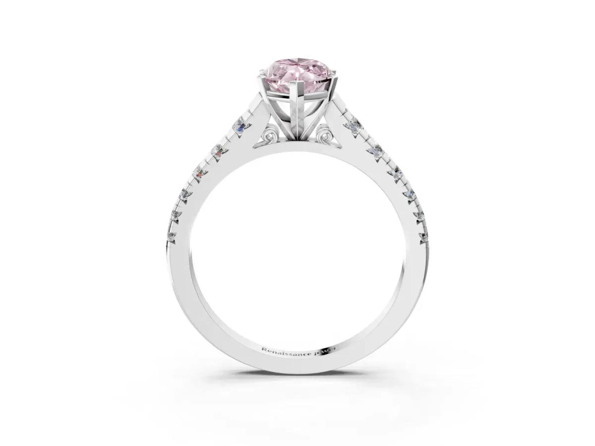 Fancy Pink Marquise Cut Diamond Cathedral Solitaire Ring with Round Pavé Band Silver