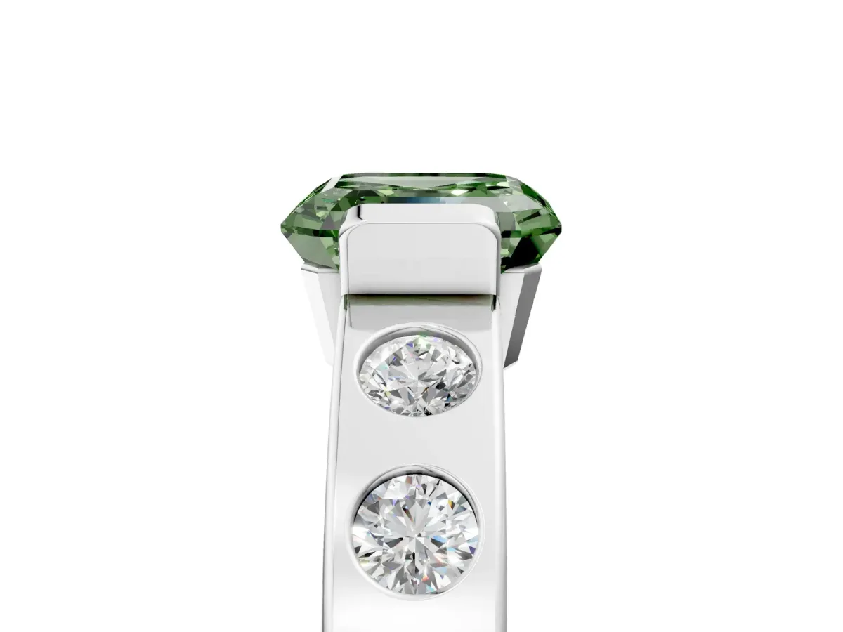 Fancy Green Asscher Cut Brilliant Channel-Set Diamond Ring with Bezel Prong Setting Platinum