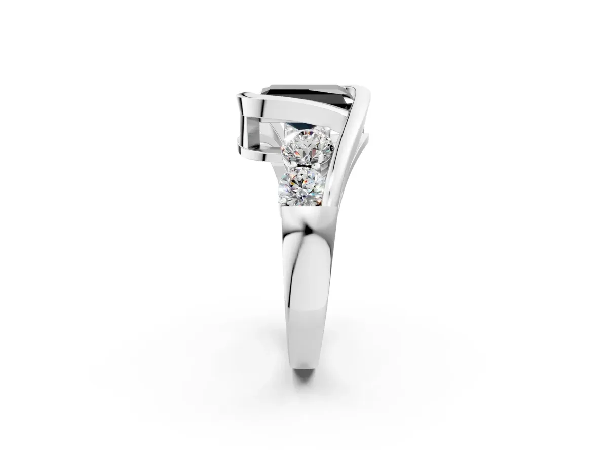 Fancy Black Bezel Set Radiant Cut Diamond Bypass Ring with Round Accents Silver