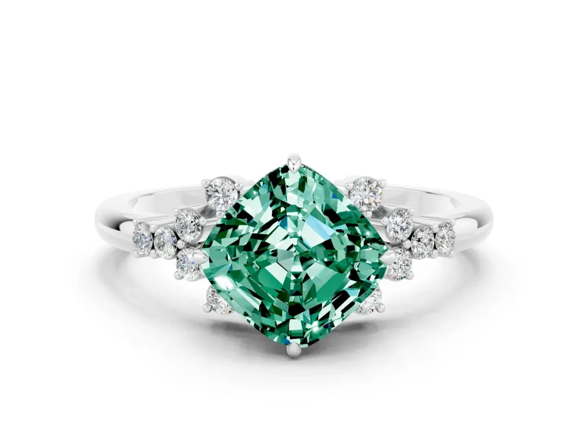 Cushion Cut Green Sapphire Ring with Side Stones and Four-Prong Setting Silver