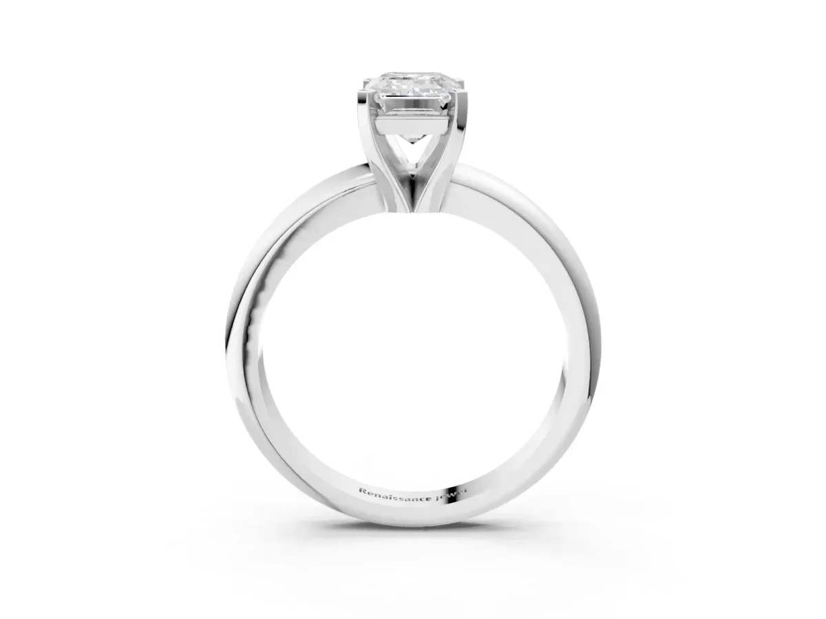 Emerald Cut Diamond Solitaire Engagement Ring with Round Band and Four-Prong Setting Silver