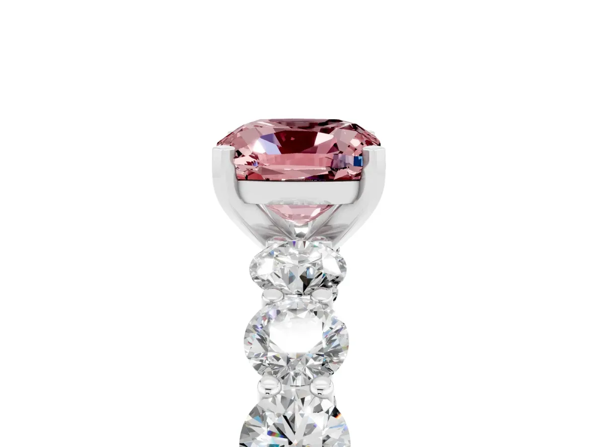 Cushion Cut Morganite Prong Setting with Side Stones on a Pave Band Silver