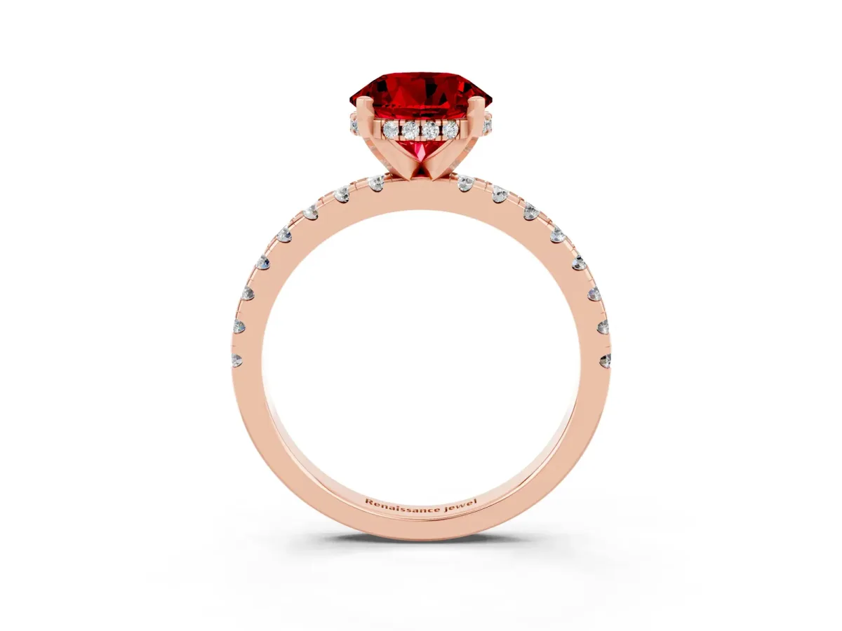 Round Cut Ruby Solitaire Ring with Round Pavé Band and Four-Prong Setting Rose gold