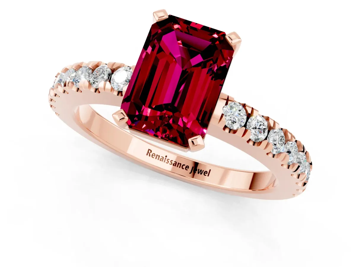Emerald Cut Solitaire Garnet with Pavé Band and Four-Prong Setting Rose gold