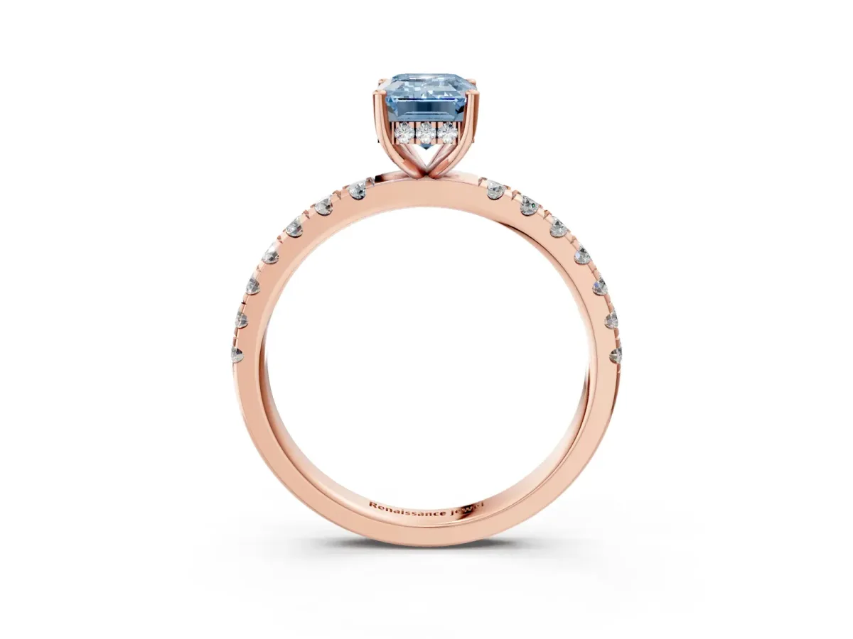 Fancy Blue Emerald Cut Diamond Pave Band Solitaire Ring with Round and Prong Setting Rose gold