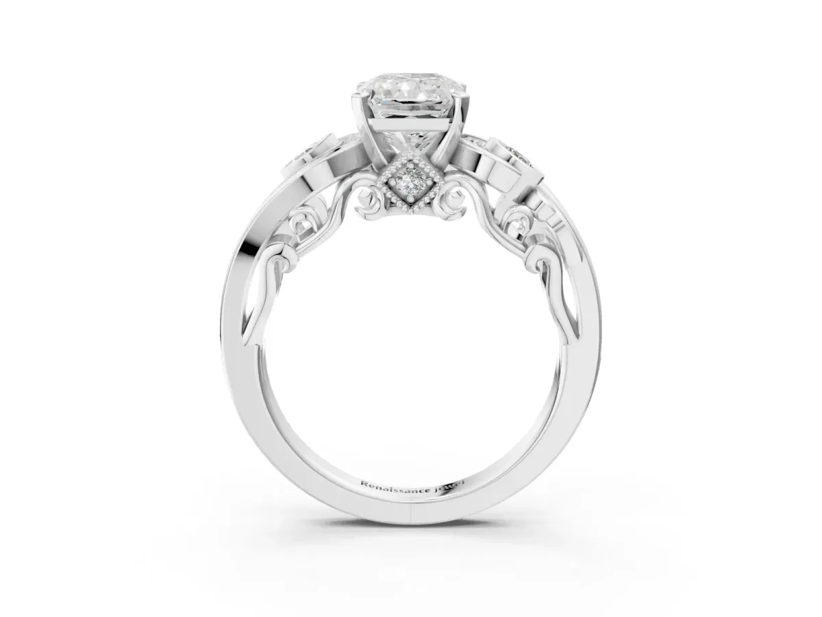 Radiant Cut Diamond Solitaire Ring with Milgrain Pavé Band and Four-Prong Setting Silver