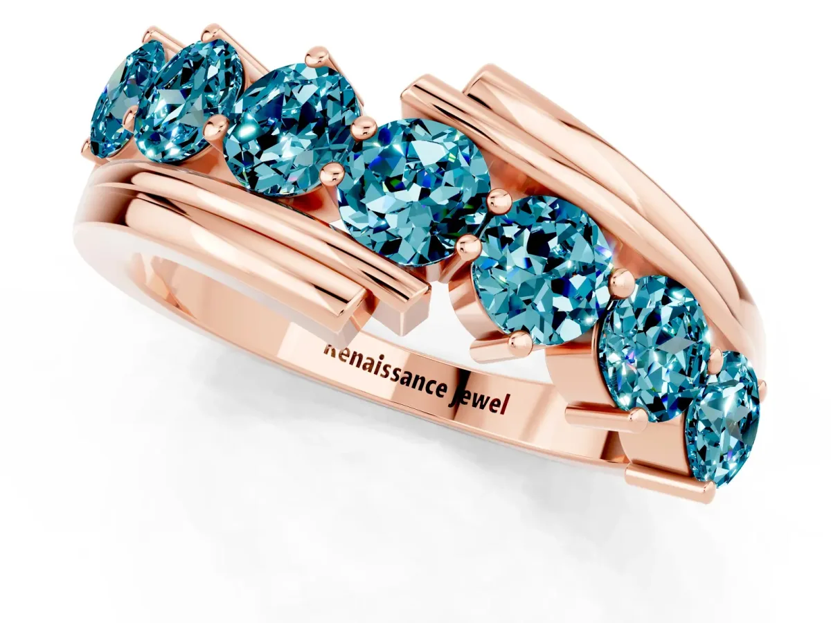 Round Blue Topaz Wave Band with Channel and Shared Prong Setting Rose gold