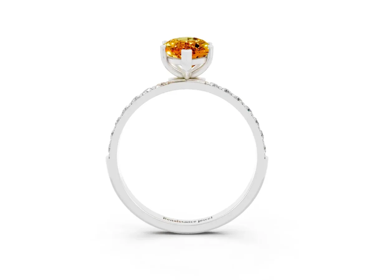 Marquise Cut Citrine Solitaire Ring with Round Pavé Band and Prong Setting Silver
