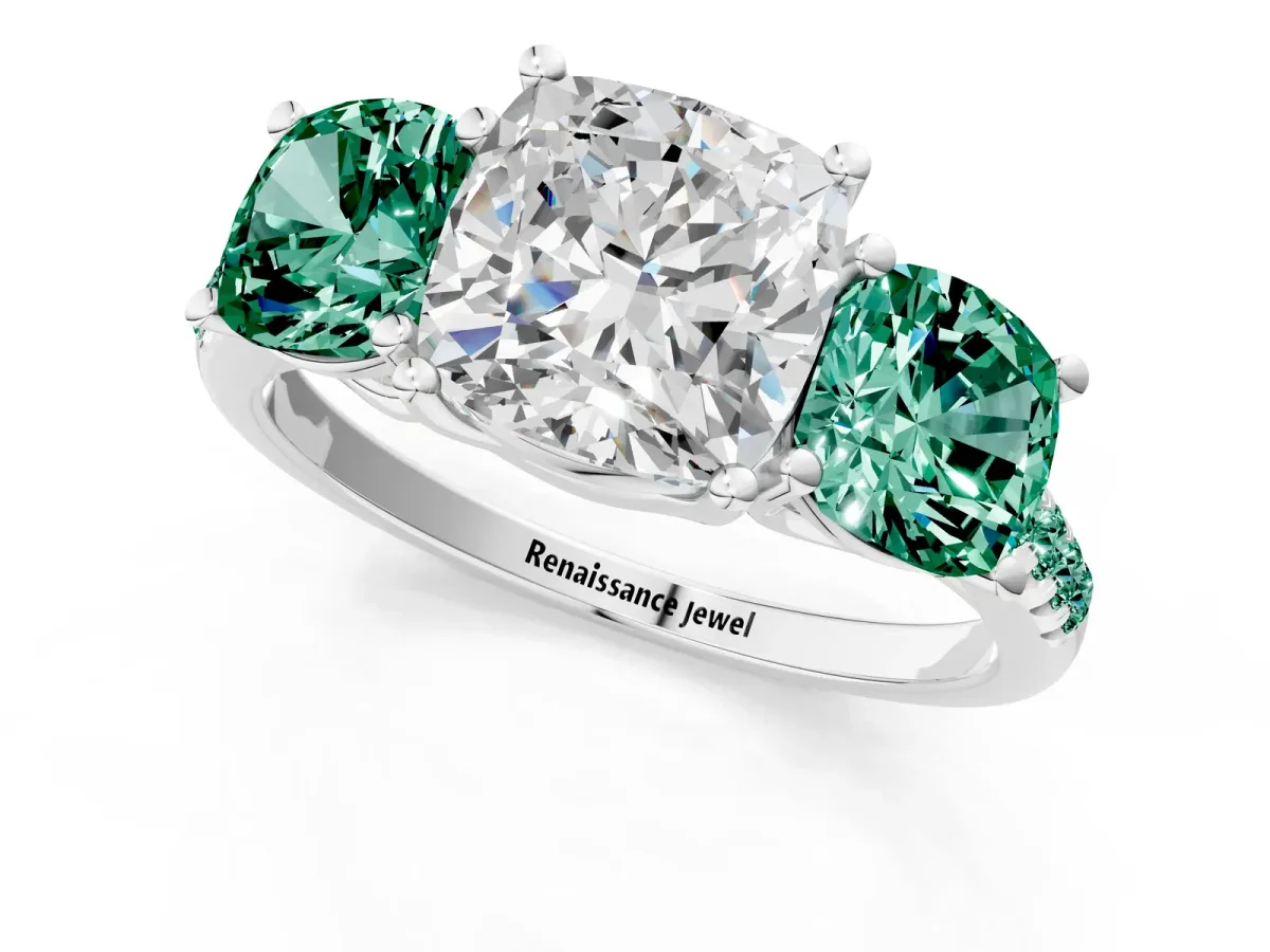 Three-Stone Cushion Cut Diamond Ring with Round Green Sapphire Pavé Band and Prong Setting Silver