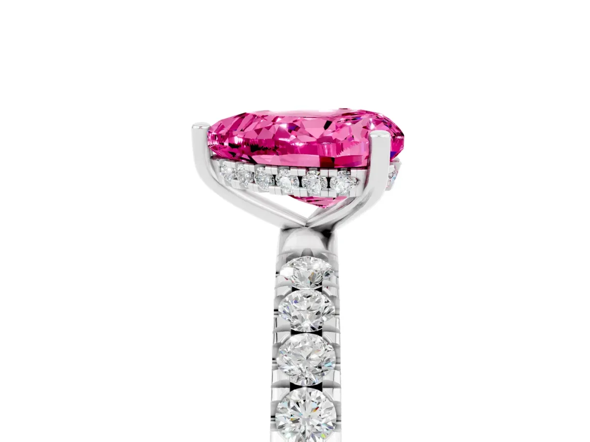 Heart Cut Pink Sapphire Pave Band Solitaire Ring with Round and Prong Setting Silver