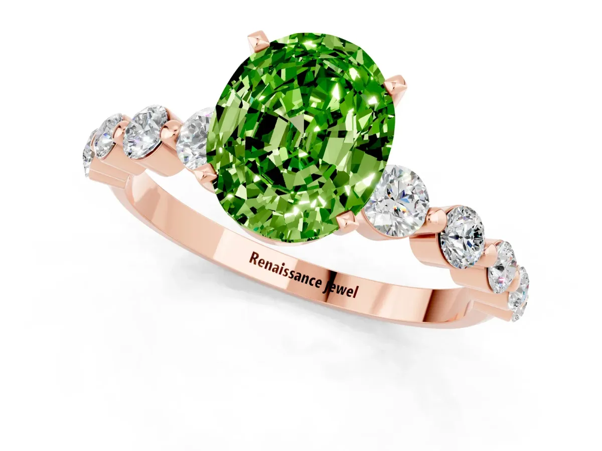 Oval Cut Solitaire Peridot Ring with Pave Band and Four-Prong Setting Rose gold
