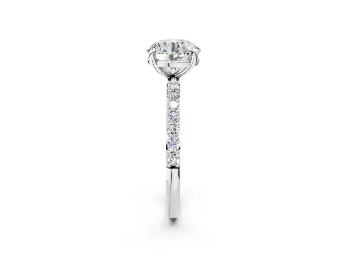 Round Cut Diamond Solitaire Ring with Round Moissanite Pavé Band and Prong Setting Silver