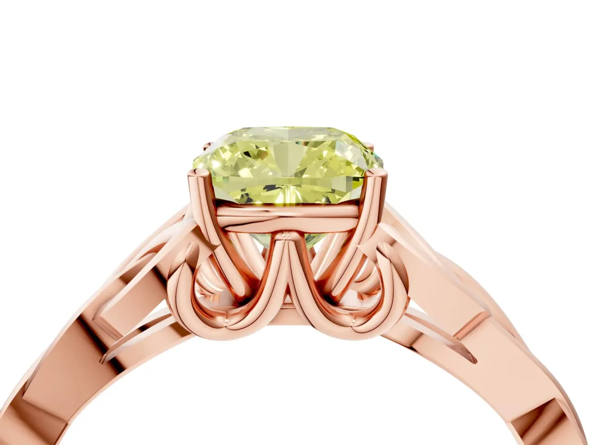 Fancy Yellow Cushion Cut Diamond Solitaire Celtic Knot Ring with Four-Prong Setting Rose gold
