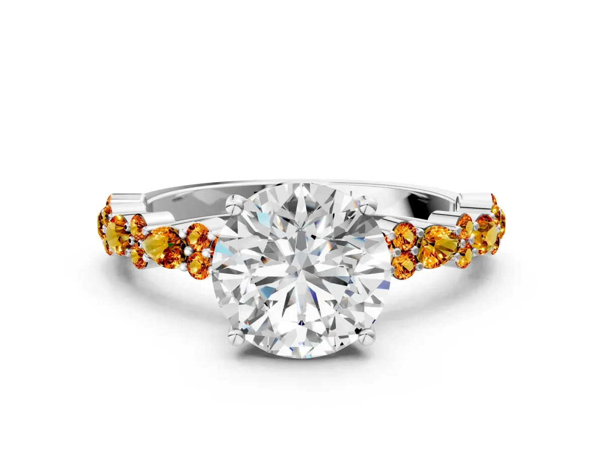 Round Cut Diamond Side Stone Solitaire Ring with Round Citrine and Four-Prong Setting White gold