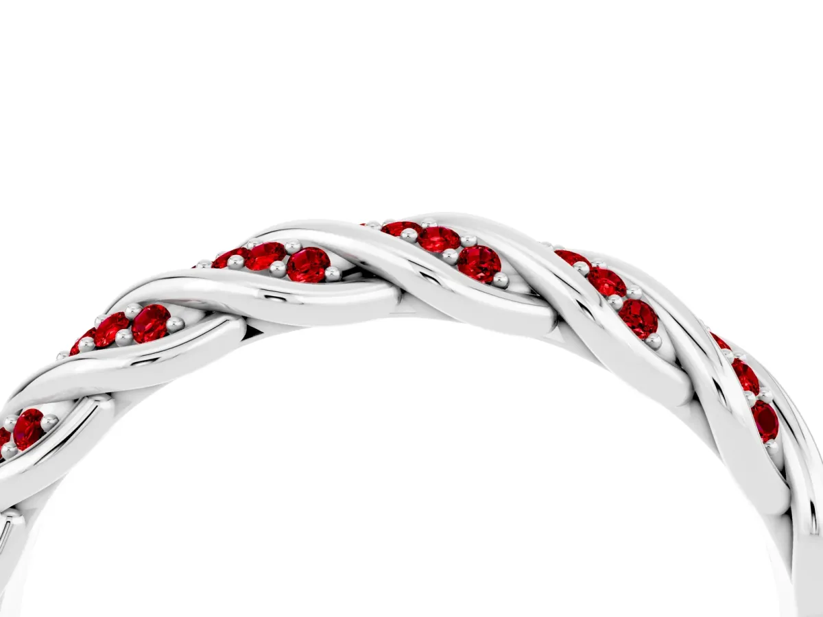 Twisted Pavé Round Ruby Eternity Band with Shared Prong Setting Silver