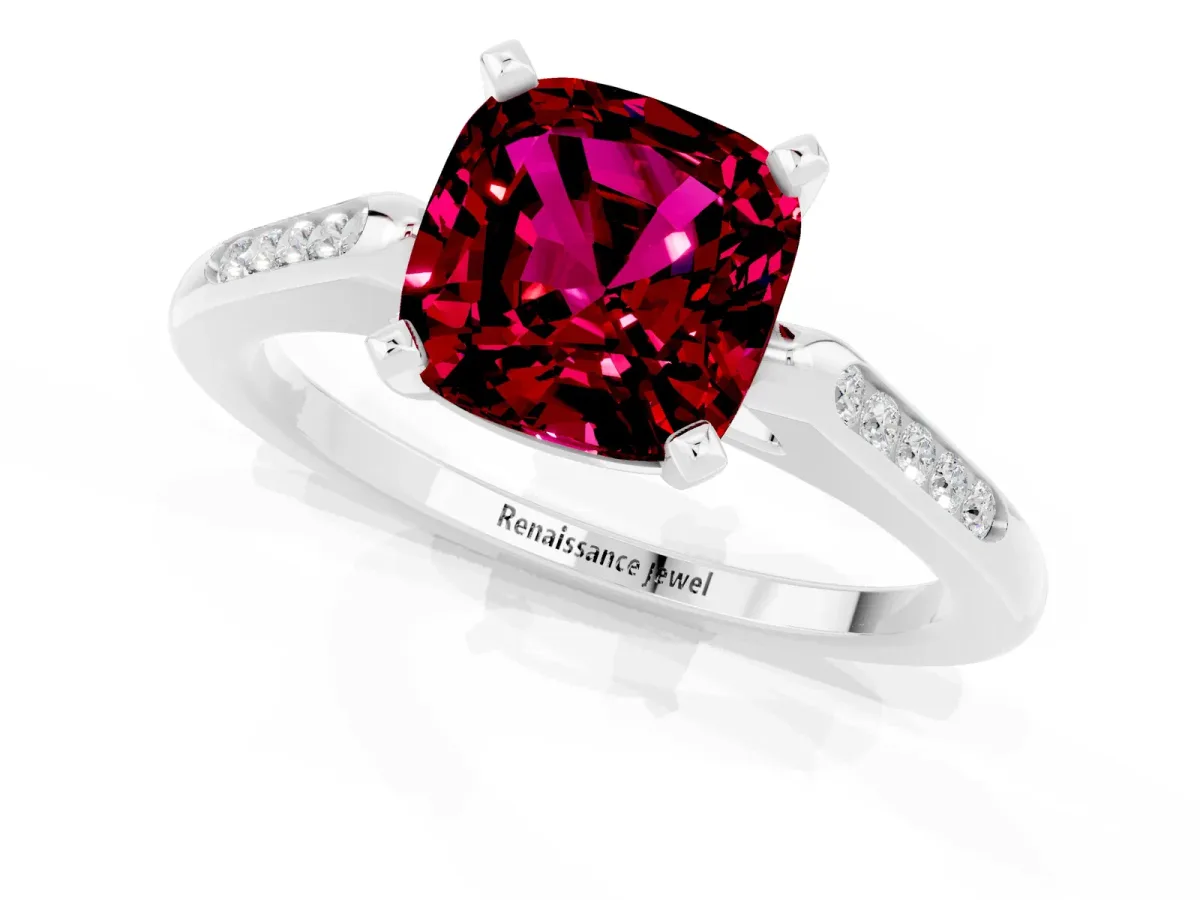 Cushion Cut Garnet Solitaire Ring with Channel Set Round Band and Prong Setting Silver