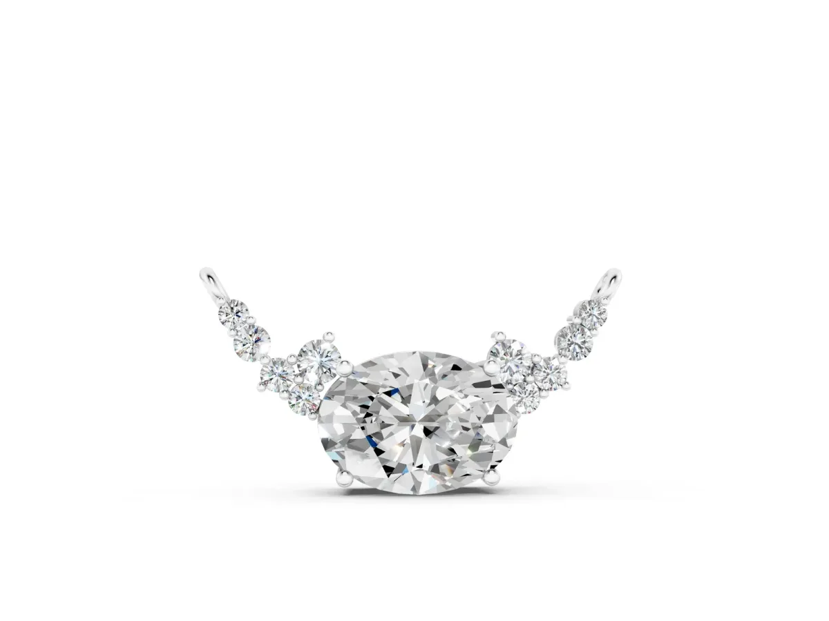 Oval Diamond Pendant with Heart Accents and Prong Setting Silver