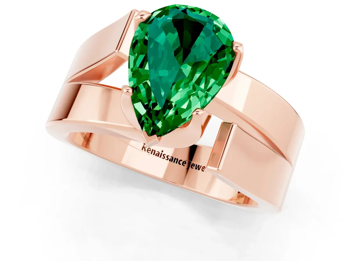 Modern Tension Set Pear Cut Emerald Solitaire Wide Band Ring Rose gold