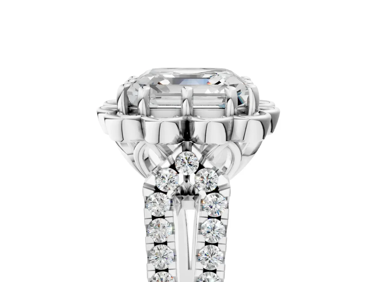 Asscher Cut Halo Diamond Floral Split Shank Engagement Ring Platinum