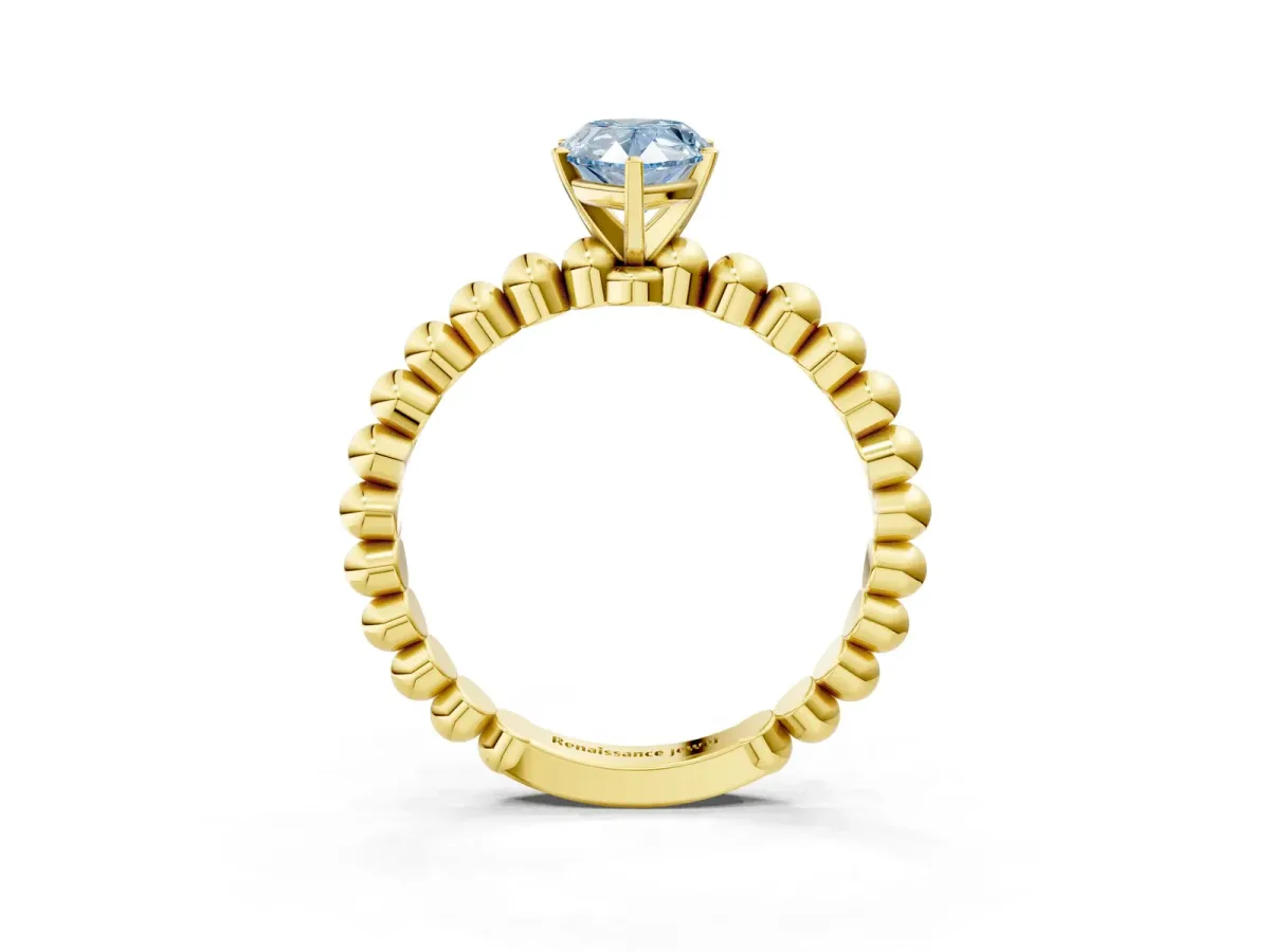 Fancy Blue Pear Cut Diamond Solitaire Ring with Beaded Band and Prong Setting Yellow gold