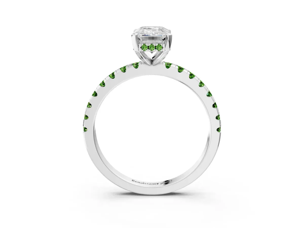 Emerald Cut Diamond Solitaire Ring with Round Peridot Pavé Band and Four-Prong Setting Platinum