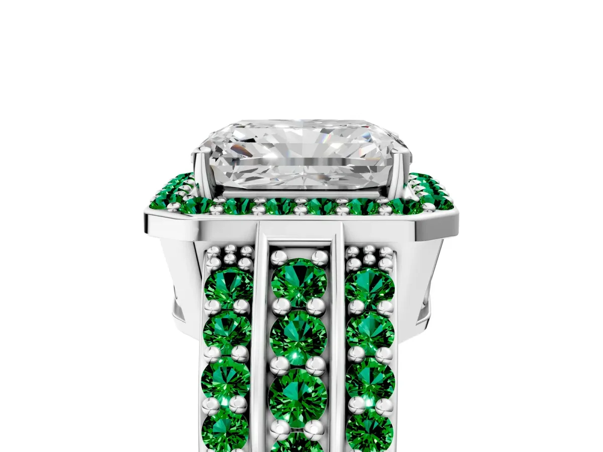 Radiant Cut Halo Diamond Ring with Round Emerald Split Shank and Prong Setting White gold
