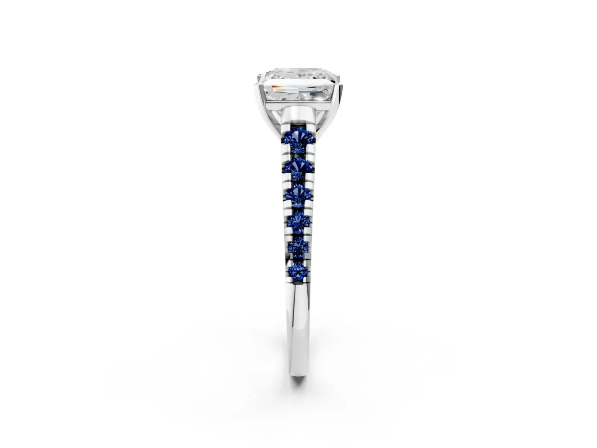 Princess Cut Diamond Cathedral Solitaire Ring with Round Blue Sapphire Pavé Band Silver