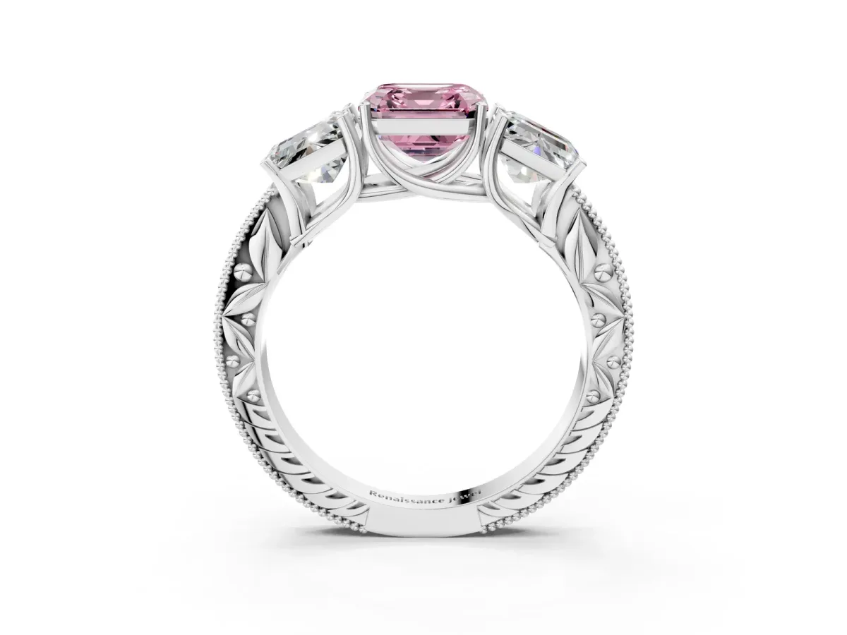 Fancy Pink Three-Stone Asscher Cut Cut Milgrain Pavé Engagement Ring Platinum