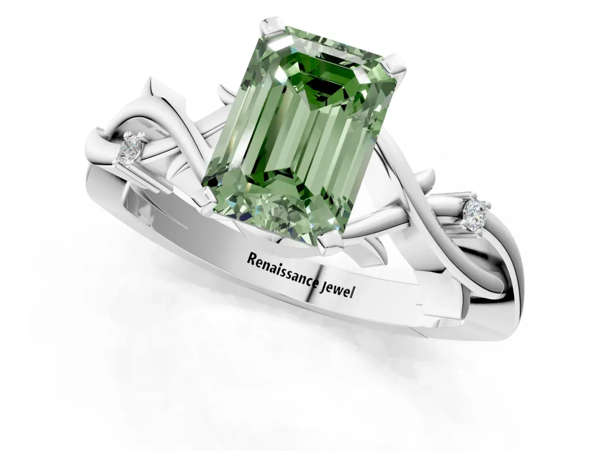 Fancy Green Emerald Cut Diamond Solitaire Ring with Twisted Band and Prong Setting Silver