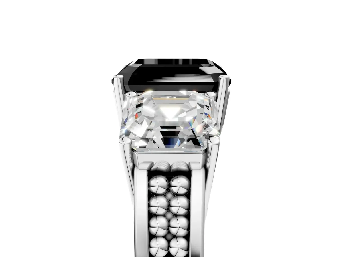 Fancy Black Asscher Cut Diamond Three-Stone Ring with Prong Setting and Textured Band Platinum
