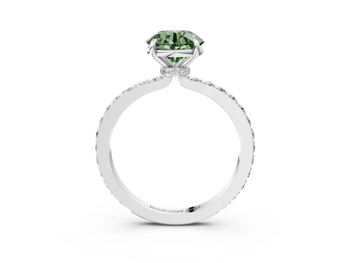 Fancy Green Round Cut Diamond Solitaire Engagement Ring with Pavé Band and Four-Prong Setting Silver