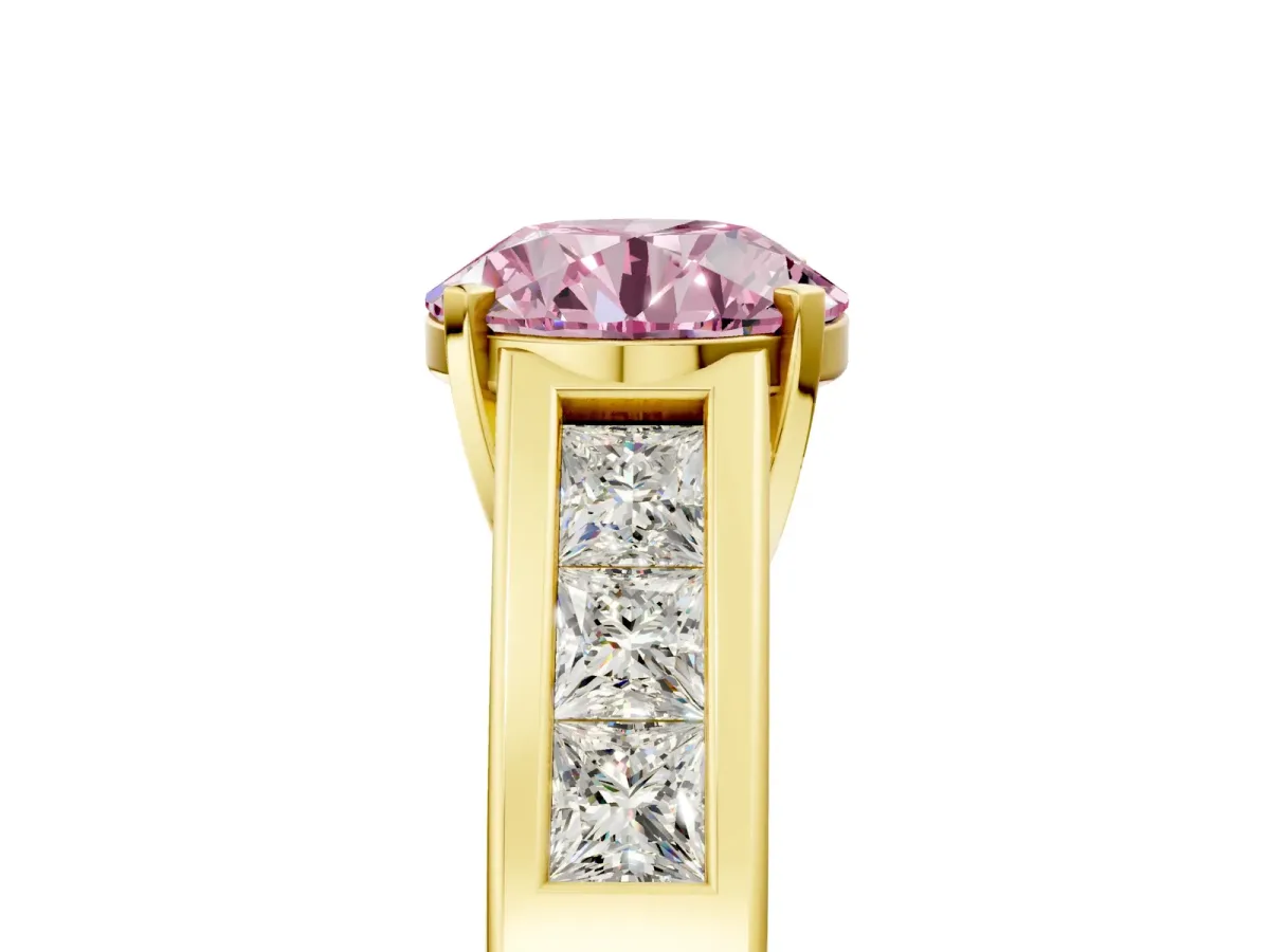 Fancy Pink Round Cut Cut Channel Set Solitaire Ring with Four-Prong Setting Yellow gold