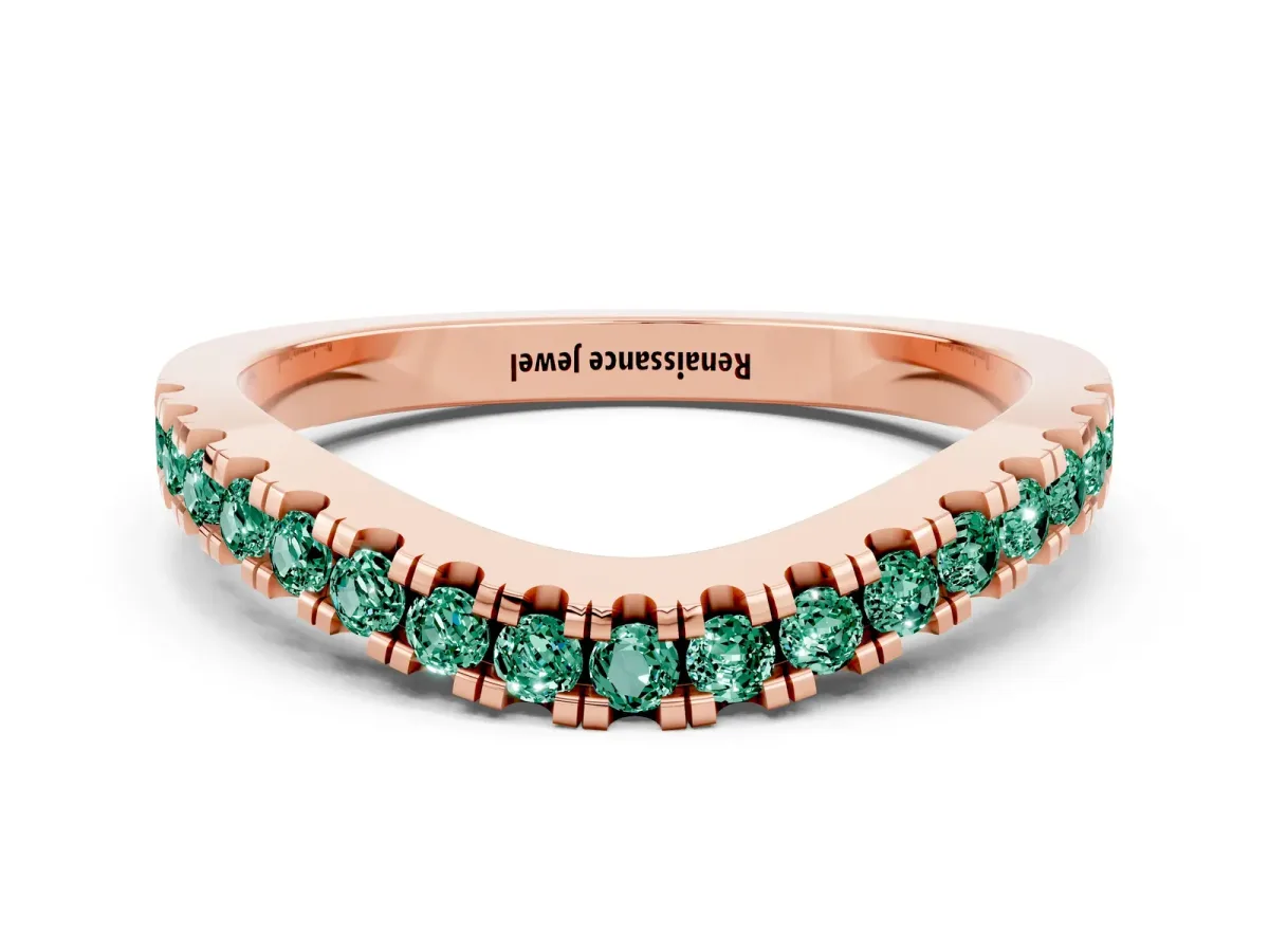 Round Green Sapphire Pavé Curved Band with Shared Prong Setting Rose gold