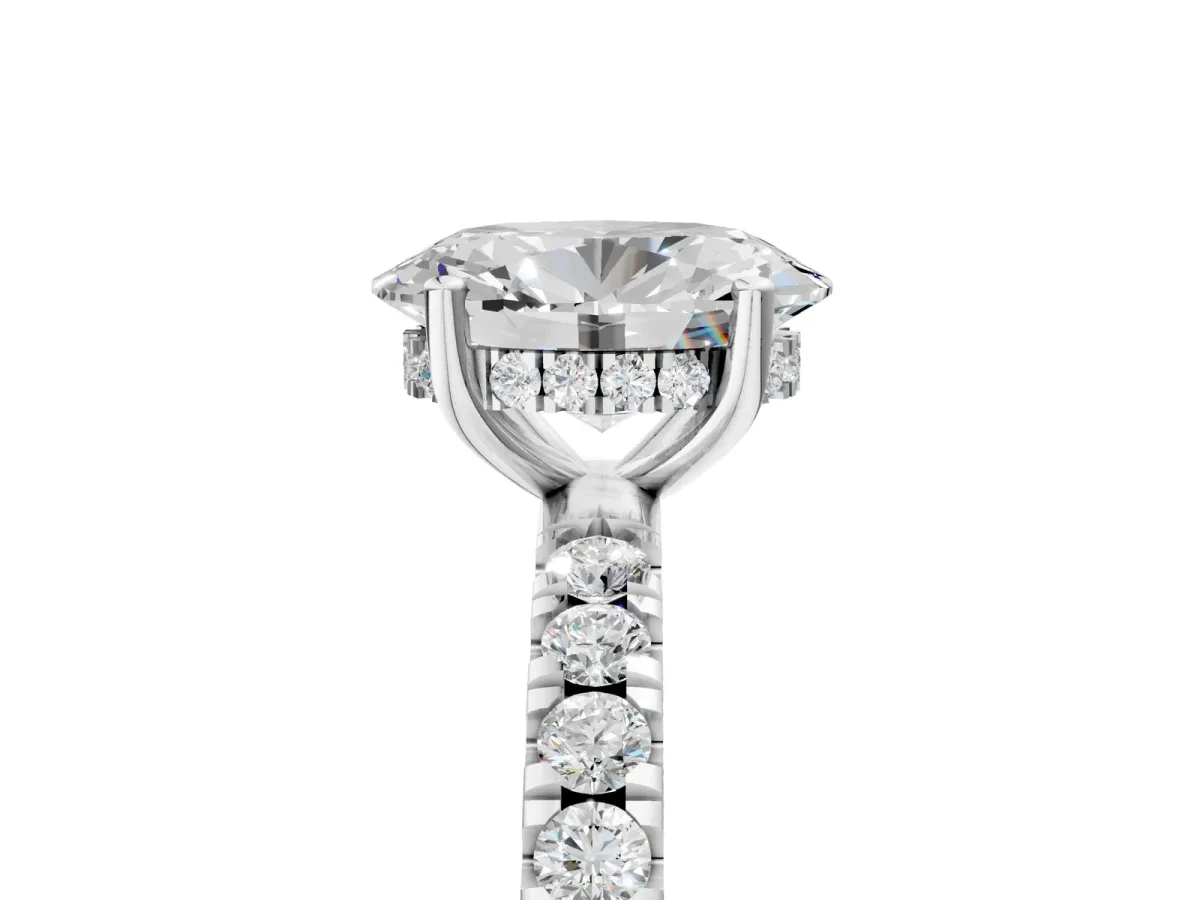 Oval Cut Diamond Pave Band Solitaire Ring with Round Moissanite and Prong Setting Silver