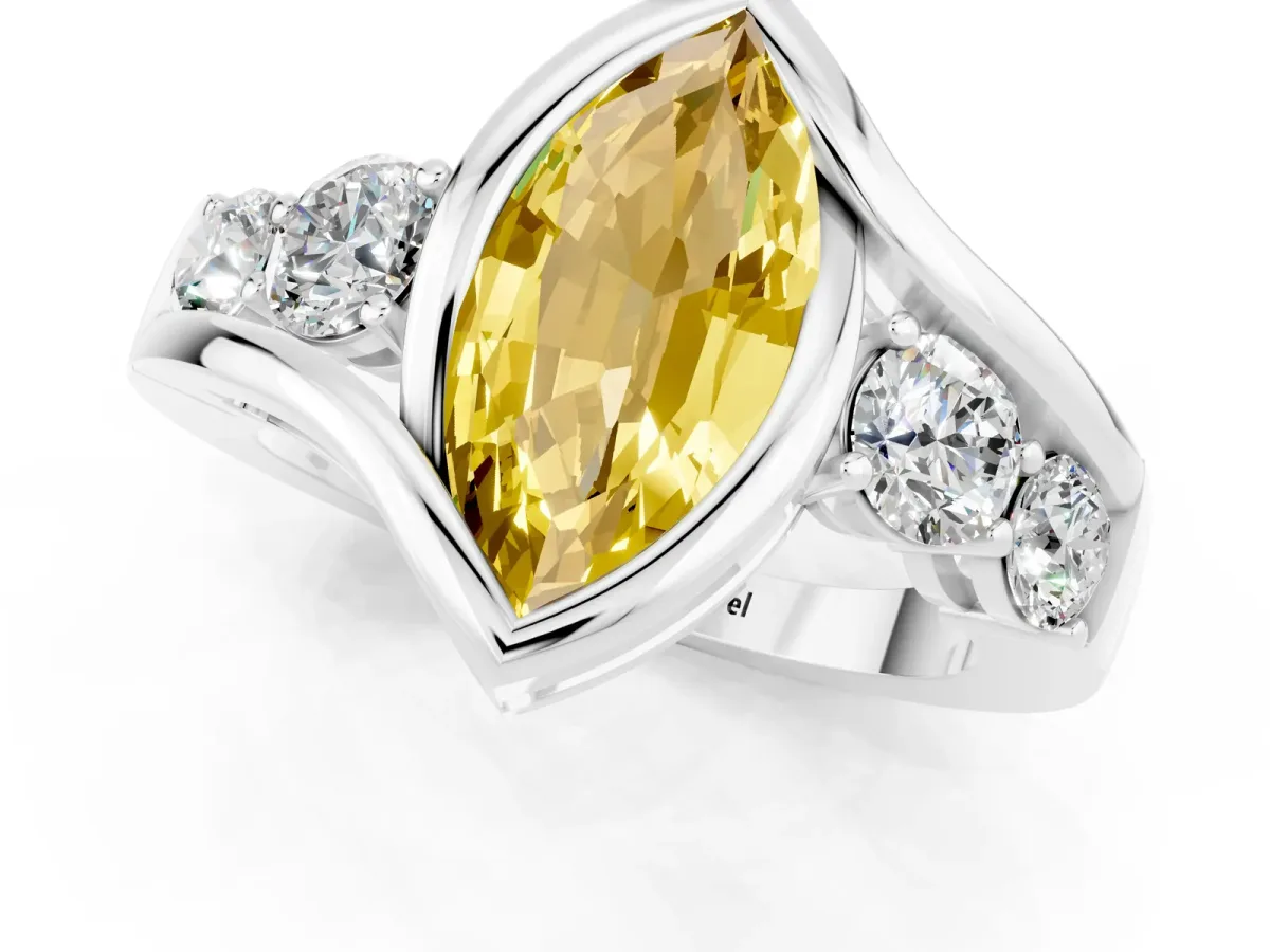 Bezel Set Marquise Cut Yellow Sapphire Bypass Ring with Round Accents Silver