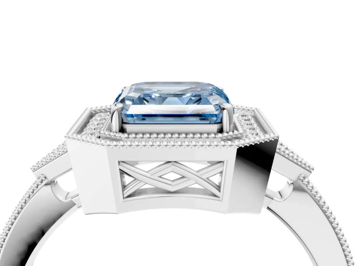 Fancy Blue Asscher Cut Halo Round Diamond Milgrain Pave Engagement Ring Platinum