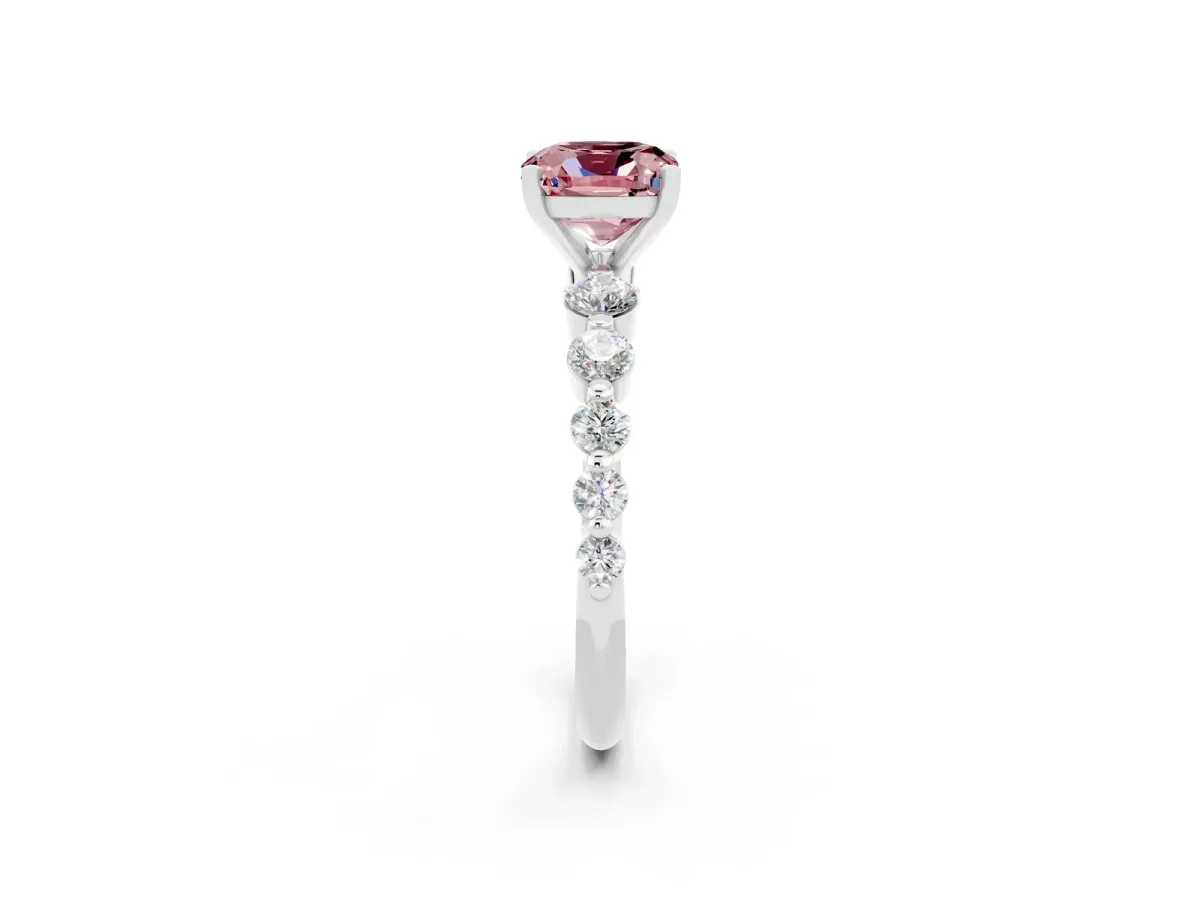 Cushion Cut Solitaire Morganite Ring with Pave Band and Four-Prong Setting Platinum