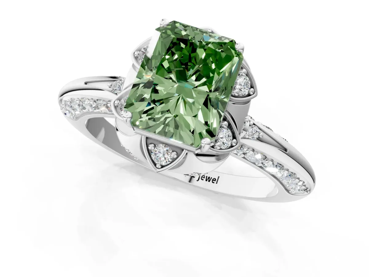 Fancy Green Radiant Cut Halo Split Shank Pave Diamond Ring with Petal Prong Setting Platinum