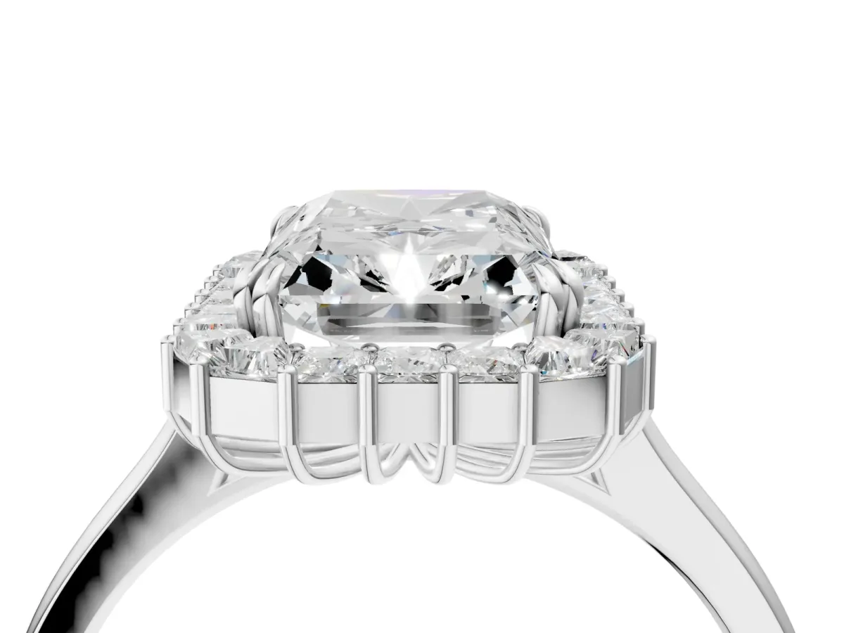 Radiant Diamond Baguette Halo Engagement Ring Silver