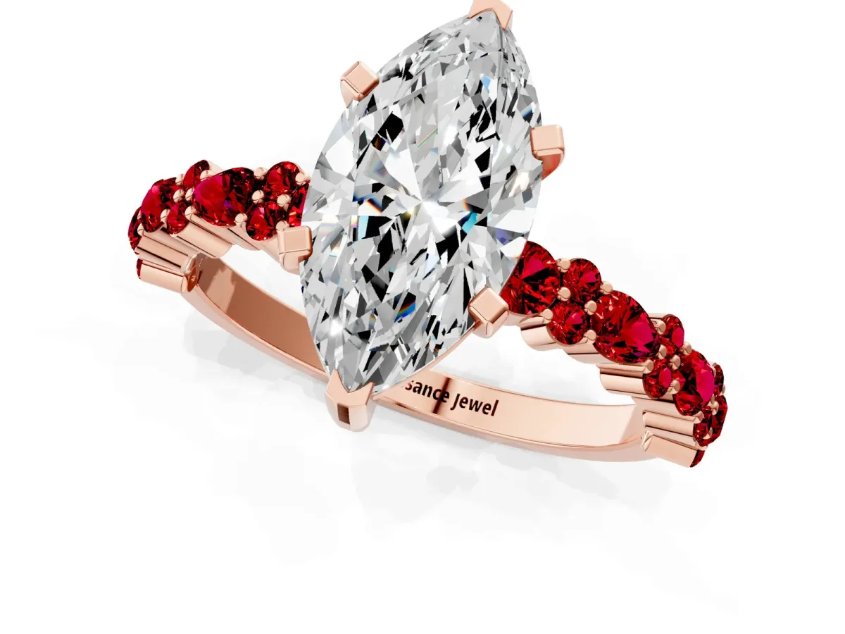Marquise Cut Diamond Side Stone Solitaire Ring with Round Ruby and Four-Prong Setting Rose gold