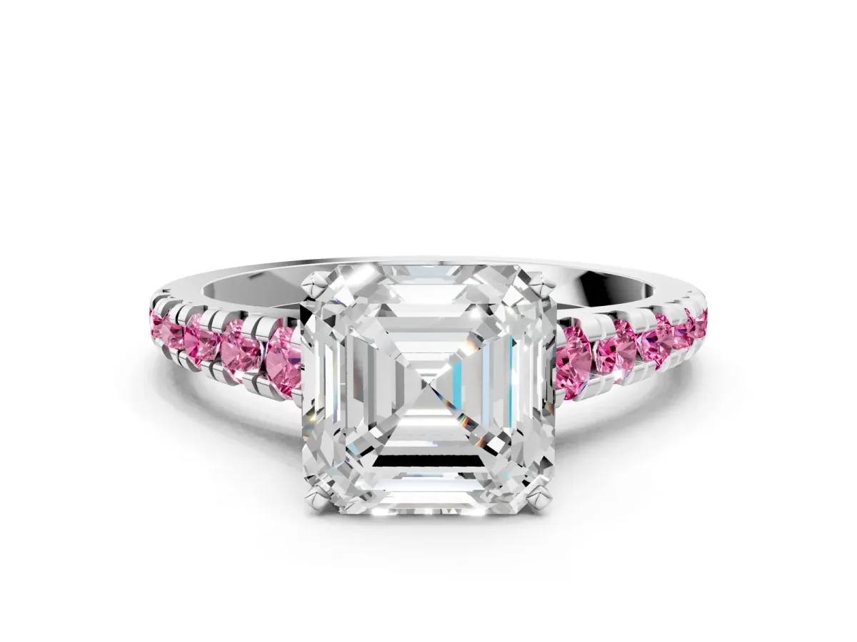 Asscher Cut Diamond Cathedral Solitaire Ring with Round Pink Sapphire Pavé Band Silver