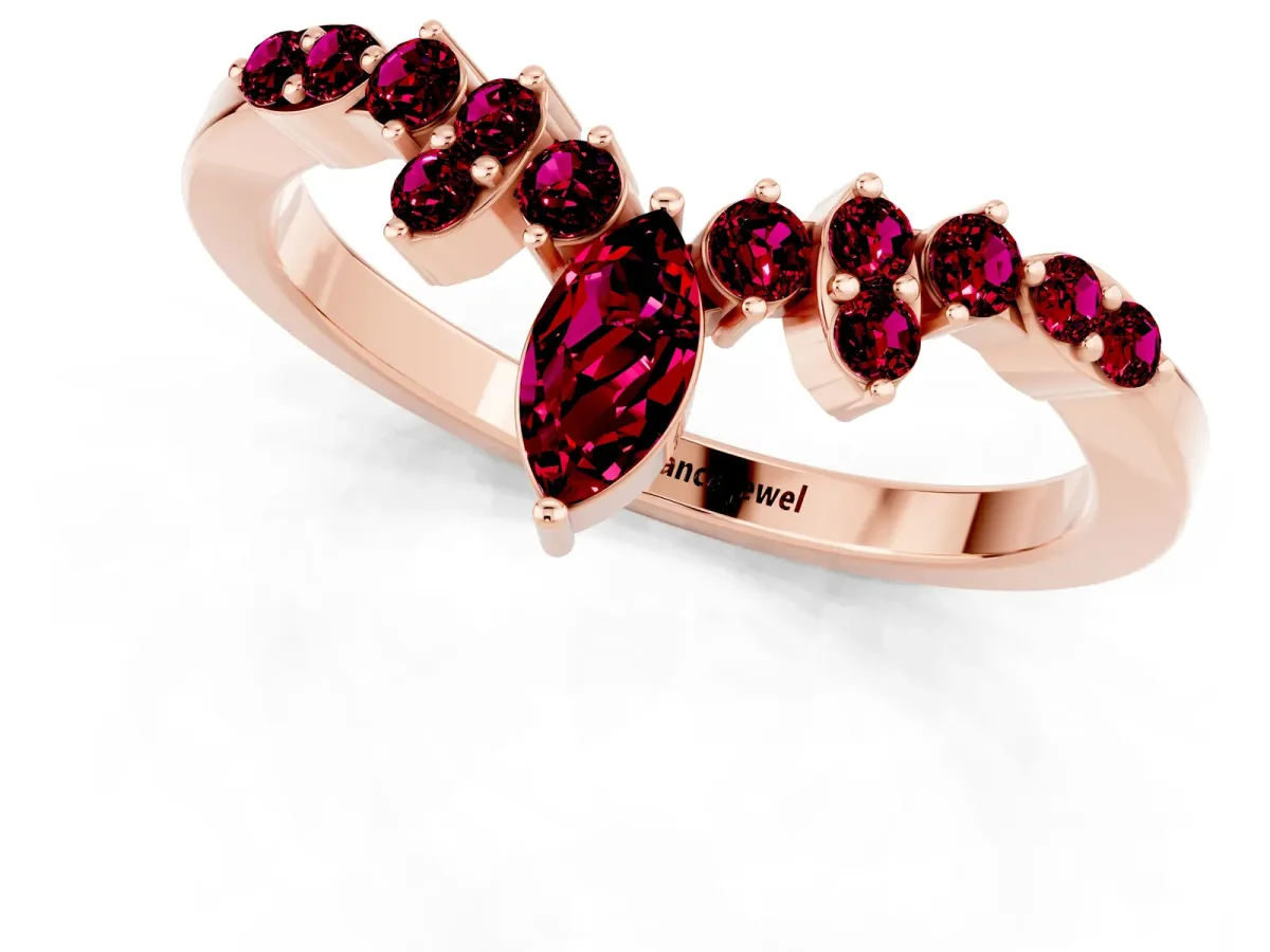 Marquise and Round Garnet Chevron Band with Prong Setting Rose gold