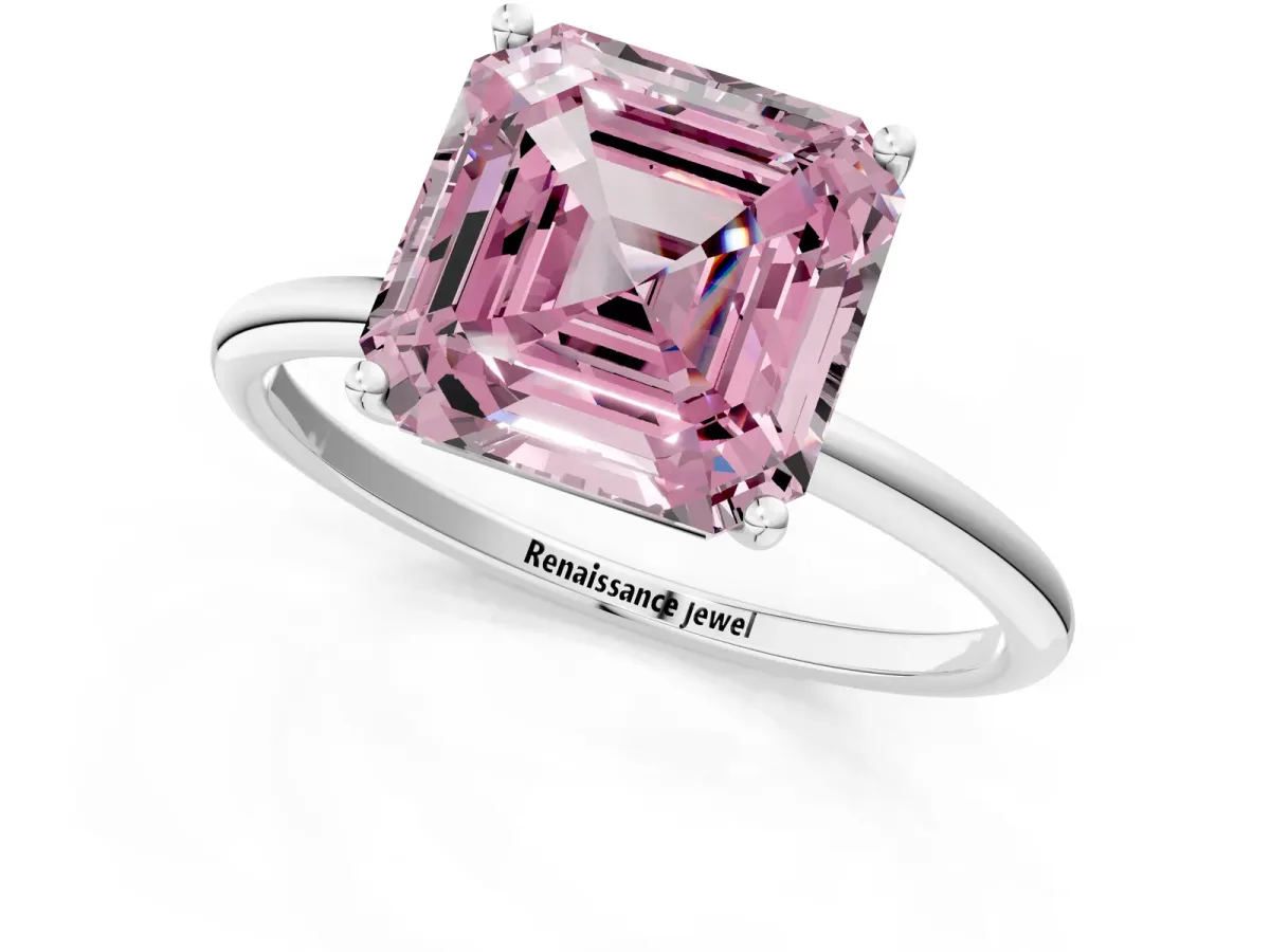 Fancy Pink Asscher Cut Cut Solitaire Engagement Ring with Thin Band and Four-Prong Setting Platinum