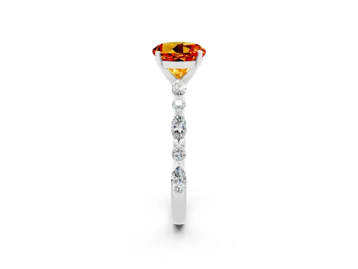 Round Cut Citrine Ring with Marquise and Round Side Stones and Four-Prong Setting Silver