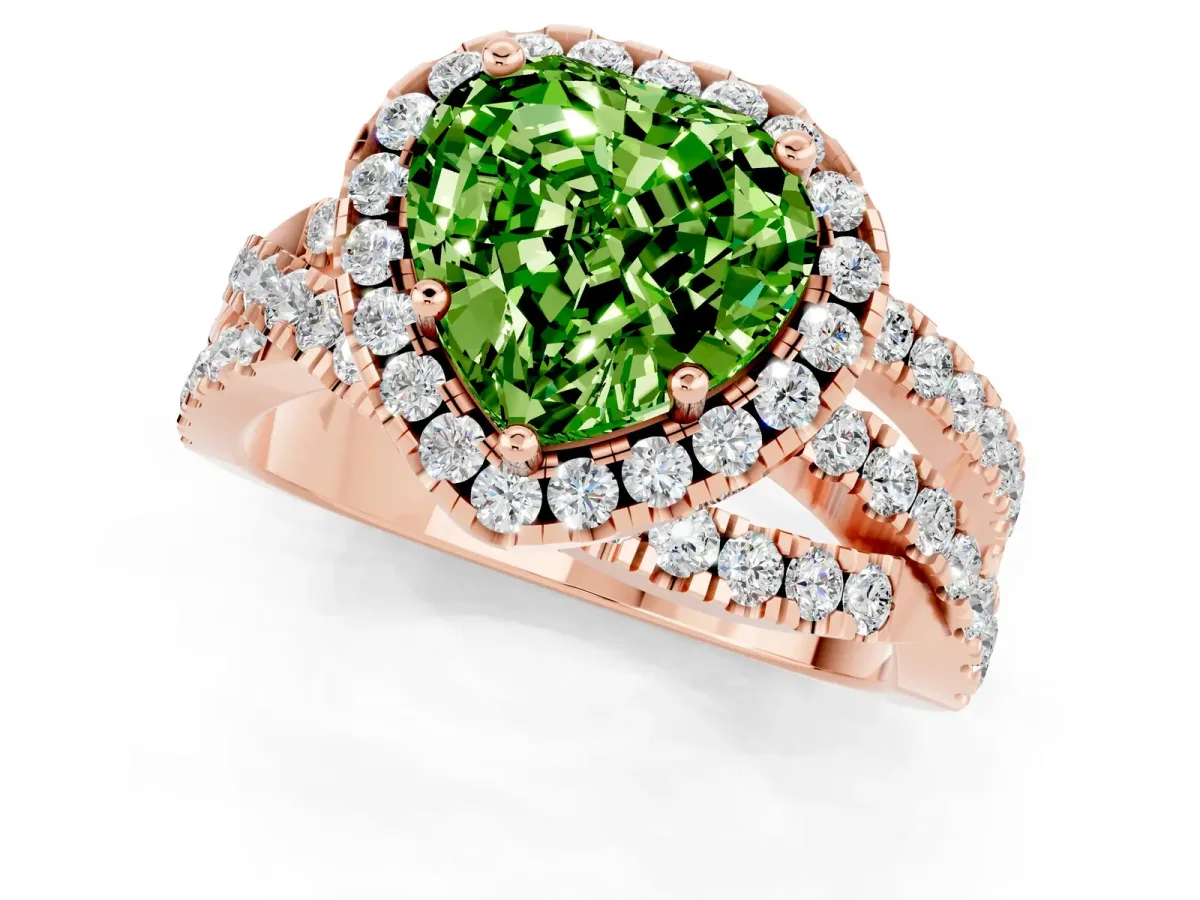 Heart Cut Peridot Halo Ring with Round Split Shank and Prong Setting Rose gold