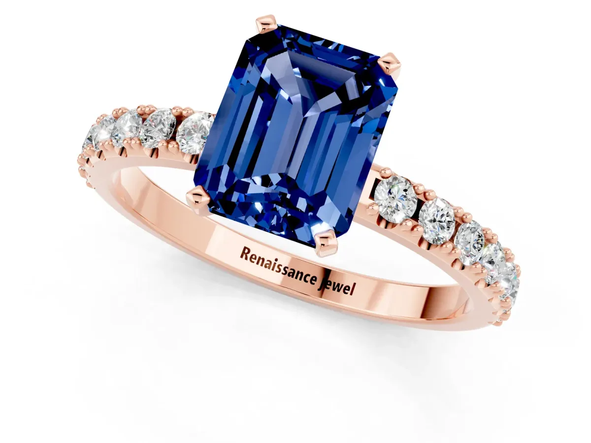 Emerald Cut Blue Sapphire Solitaire Pavé Band with Four-Prong Setting Rose gold