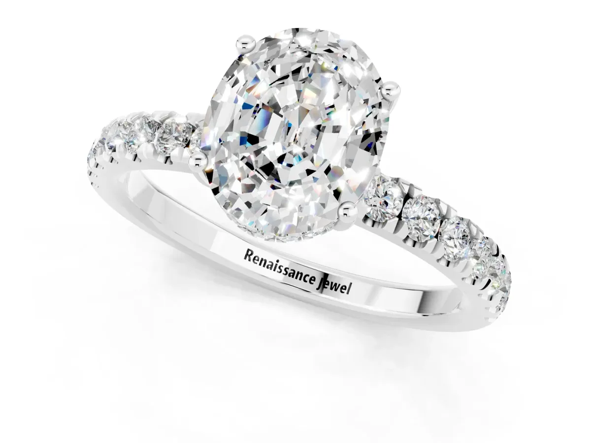 Oval Cut Moissanite Pave Band Solitaire Ring with Round and Prong Setting Silver
