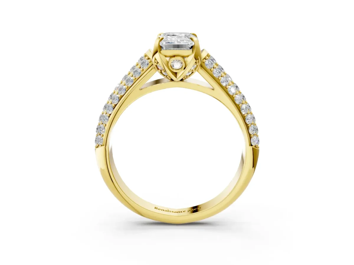 Emerald Cut Diamond Solitaire Ring with Three-Row Pavé Band and Four-Prong Setting Yellow gold