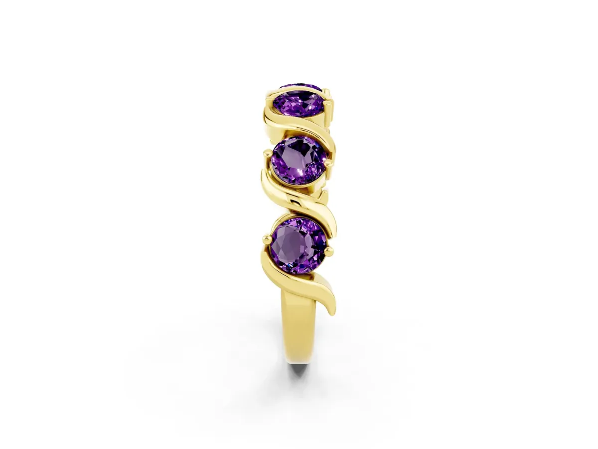 Six-Stone Round Amethyst Wave Band with Shared Prong Setting Yellow gold