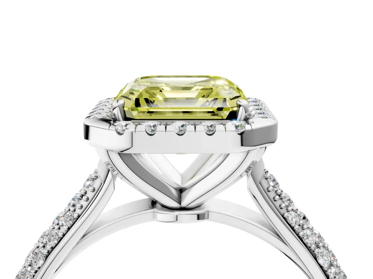 Fancy Yellow Asscher Cut Halo Diamond Ring with Pavé Band Platinum